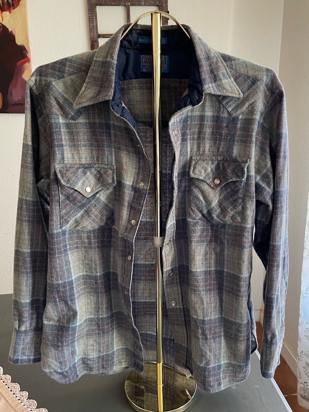 Vintage Pendleton Men's Plaid Button-Down Shirt Jacket in Blue and Gray